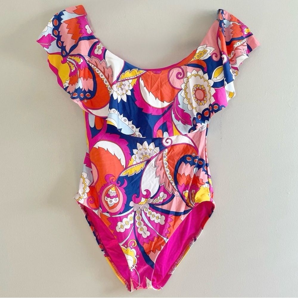 Trina Turk Sevilla Ruffled Off-Shoulder One Piece | Size 12